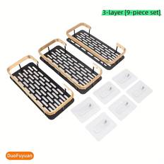 TEMU 3 Metal Shelves + 6 Punch-free Self-adhesive, 9pcs Set, Bathroom, Bedroom, Kitchen Shelves, 3-layer Shower Storage Basket Rack, No-drilling Rectangular Aluminum Shower Storage Rack () (golden)