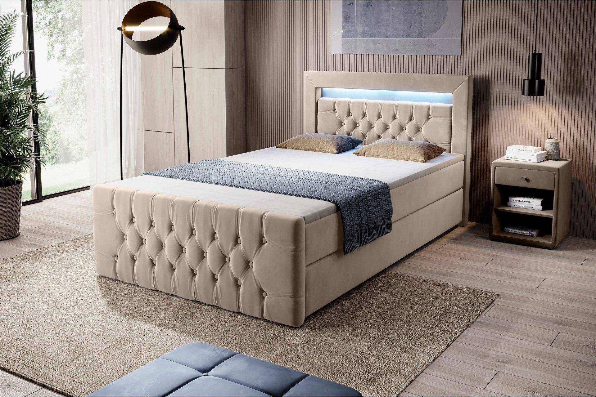 Cloud47 Franco Sängpaket med förvaring 120x200 LED-belysning - Beige (+Fler val) Sängar Tyg