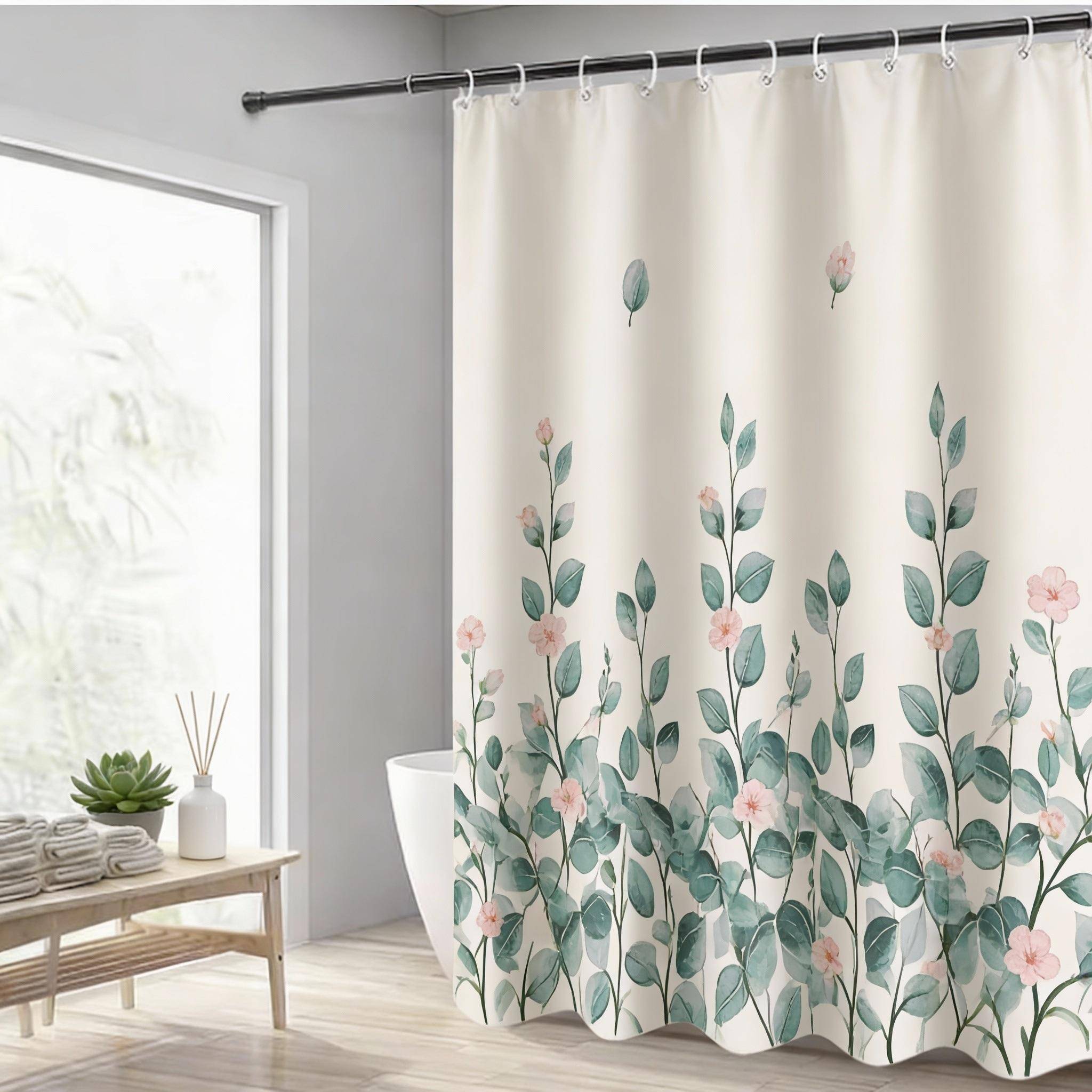 Grön Blommig Mönstrad Duschdraperi 180X 210 cm, Tvättbar Vattentät Polyester Badrums Dekorativt Duschdraperi Med 12 Krokar,