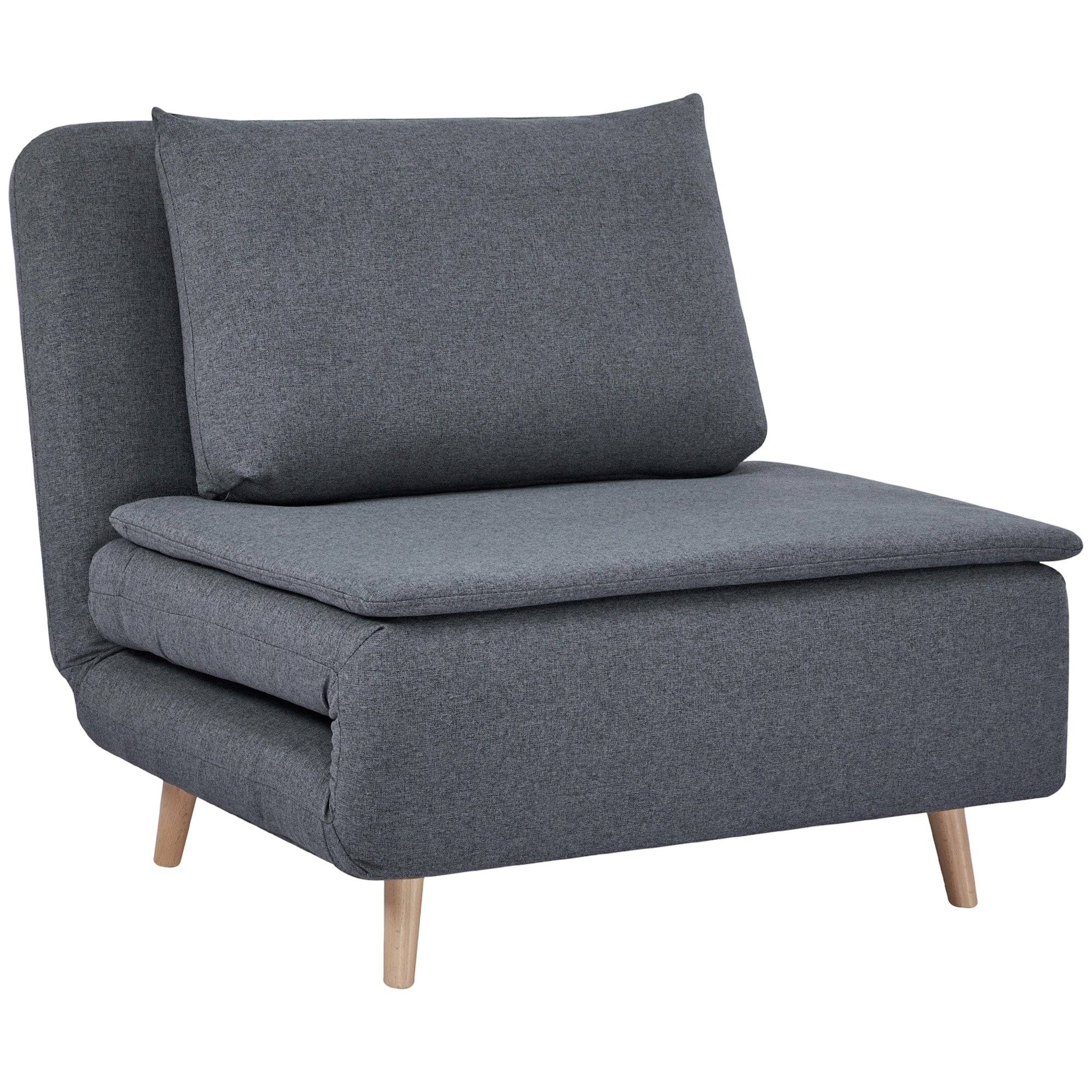 3-i-1 sovesofa med sengefunktion, lænestol, justerbar ryglæn, ben i bøgetræ, hynde, grå