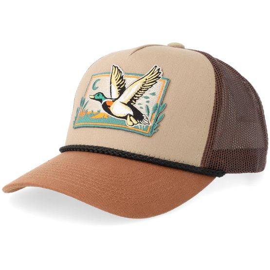 Kiddo Cap - Beige trucker Keps - Kids Flying Mallard Wild Duck Rope Khaki/Brown/Caramel Brim/Black A-frame Trucker @ Hatstore