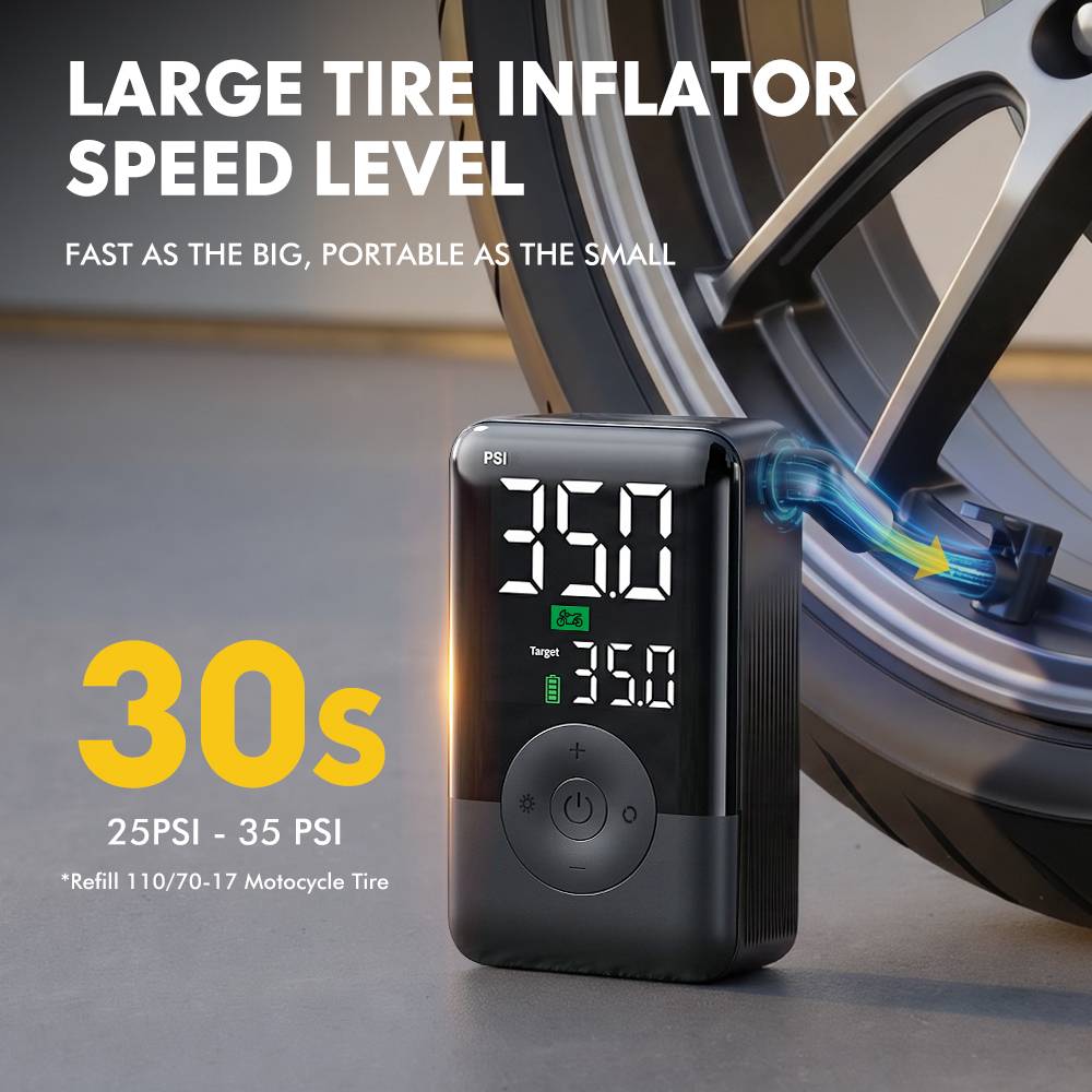 CARSUN Motorcycle Cordless Tire Inflator – 150PSI Portable Digital Air Compressor, Rechargeable Pump with LED Light for Bike