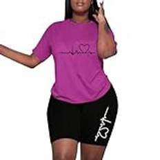 Latex bikini kvinnor 2024 shorts set kärlek tryck EKG kortärmad t-shirt och shorts casual kostym baddräkt damer, lila, XL