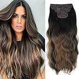 Cybelleza Clip in Extensions syntetiskt hår vågigt 4 st 55 cm 180 g hårförlängningsklämma hårtätning syntetisk tjock hårförlängning vågig lång klämma i hårstycke för kvinnor, brun ombre karamellblond
