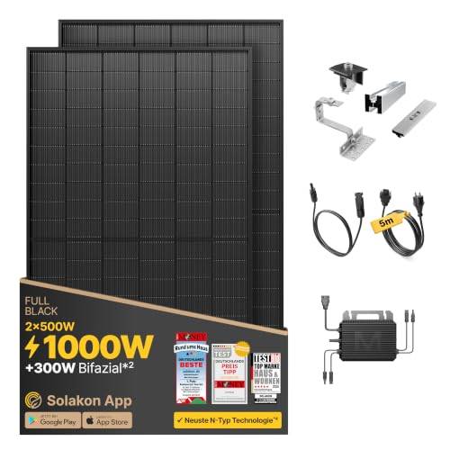 Solakon® 1000W Balkonkraftwerk mit Halterung (Ziegeldach, Paarmontage) - 800W komplett Steckdose - neuester 800W Wechselrichter - Solaranlage Komplettset - 500W bifaziale Solarmodule inkl. Zubehör