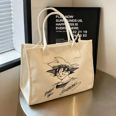 Vintage handritad Dragon Ball-karaktär grafisk axelväska i canvas, flerbrukande återanvändbar shoppingkasse - Vitt