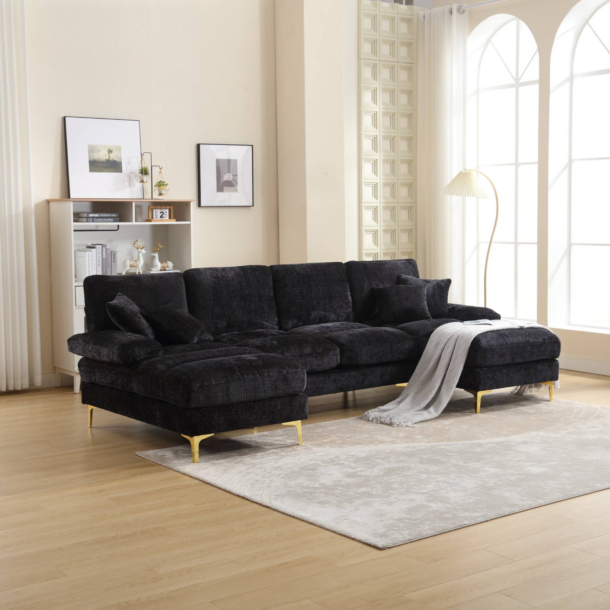 Elegant U-Shaped Modular Sofa with Pillows, Double Chaise, Rubber Pads, Sectional Couch for Social Gatherings, 272L x 136W x 88H cm, Black Aosom UK