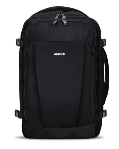 ECOHUB Handbagageryggsäck Ryanair EasyJet, Under-Sätet Kabinväska för Dam och Män, Miljövänlig Carry-on Ryggsäck Flyg, Återvunnen PET Resväska för Bagage, 40x25x25cm(Svart)