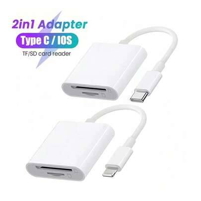 1 st 2-i-1 SD-kortläsaradapter kompatibel med iPhone/iPad-serien, stöder SD- och TF-kort, bärbar SD-kortläsare plug and play kompatibel med iPhone 17 - Vitt