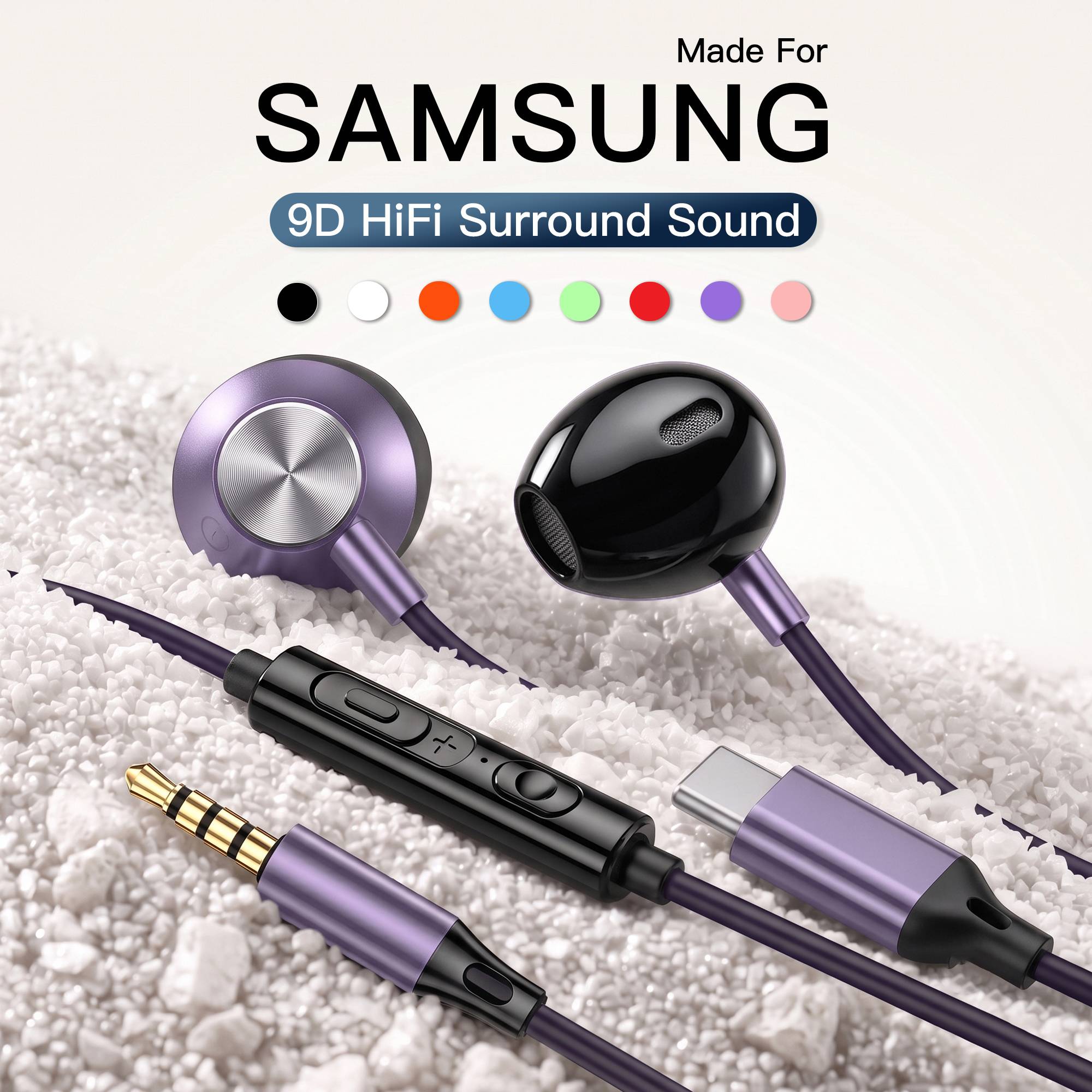 Wired Headphones USB Type C HiFi Surround Sound Earphones With Mic For Samsung Galaxy S25 S24 S23 S22 S21 3.5mm In Ear Headsets