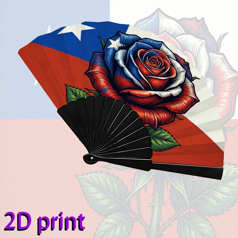 2d Flat, Unisex Handheld Fan With 2d Chile Flag And Rose Illustration, Portable And Lightweight, Suitable For Daily Use/outdoor Activities, Unique