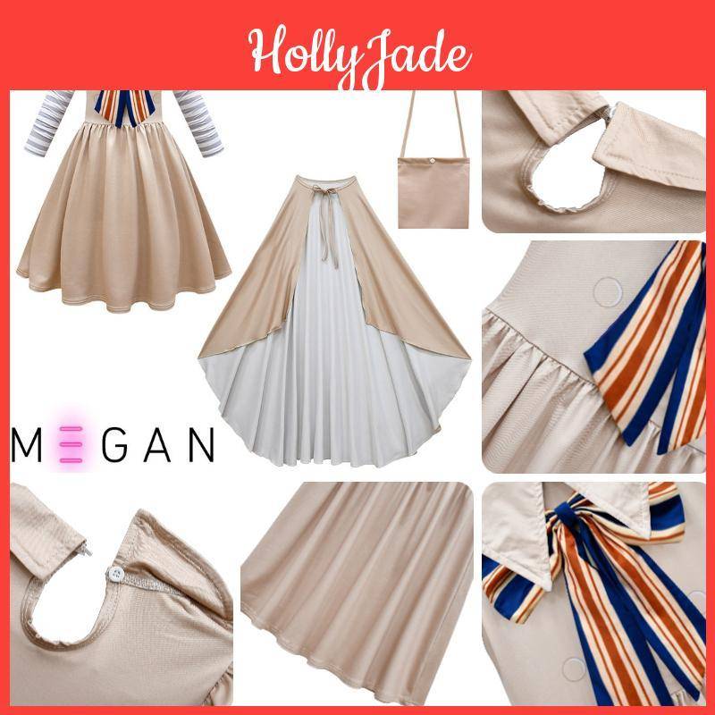 Cosplayklänning M3gan Set FlickorLady-lik Outfit Festkostym Väska Mantel Fläktar Vardaglig 120cm beige