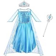 Vicloon Prinsessor Elsa kostym, klänning och tillbehör för flickor i kronan ringhalsband örhängen handskar, kostym prinsessa flicka med cosplay-tillbehör, prinsessklänning Elsa, blått, 6-7 años