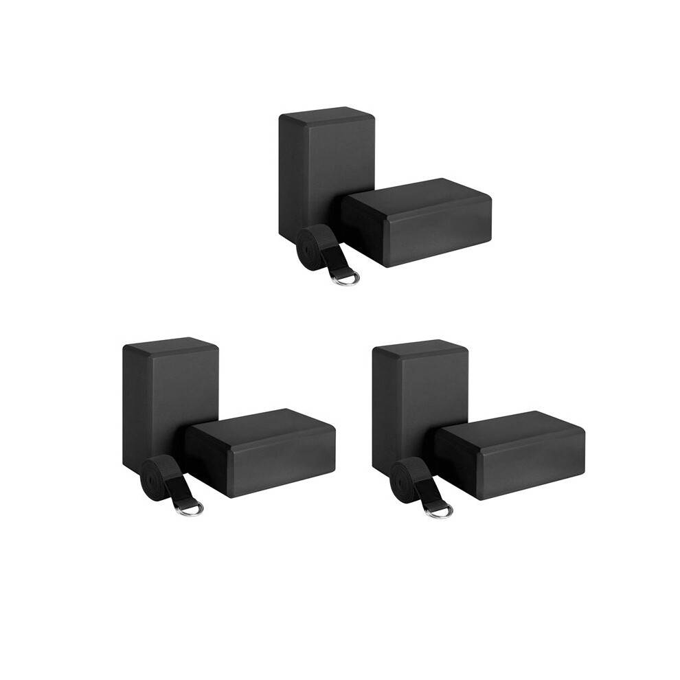 6X Yoga Block and Yoga Strap Set EVA Foam Soft Non-Slip Yoga Blocks Universal Pilates Stretching Black