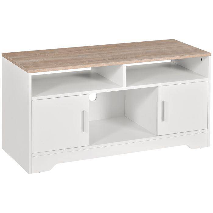 TV-bänk - HOMCOM - TV-bänk i trä 2 öppna fack 2 skåp med dörr för förvaring - trä - 105x40x52cm - vit