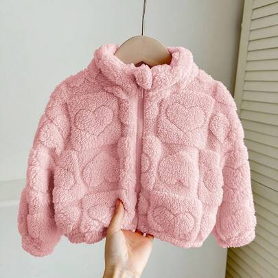 LMoss söt och avslappnad pälsjacka med ståkrage och hjärtmönster för babyflicka, perfekt för höst och vinter - Rosa (6-9M,9-12M,12-18M,18-24M,2-3Y)