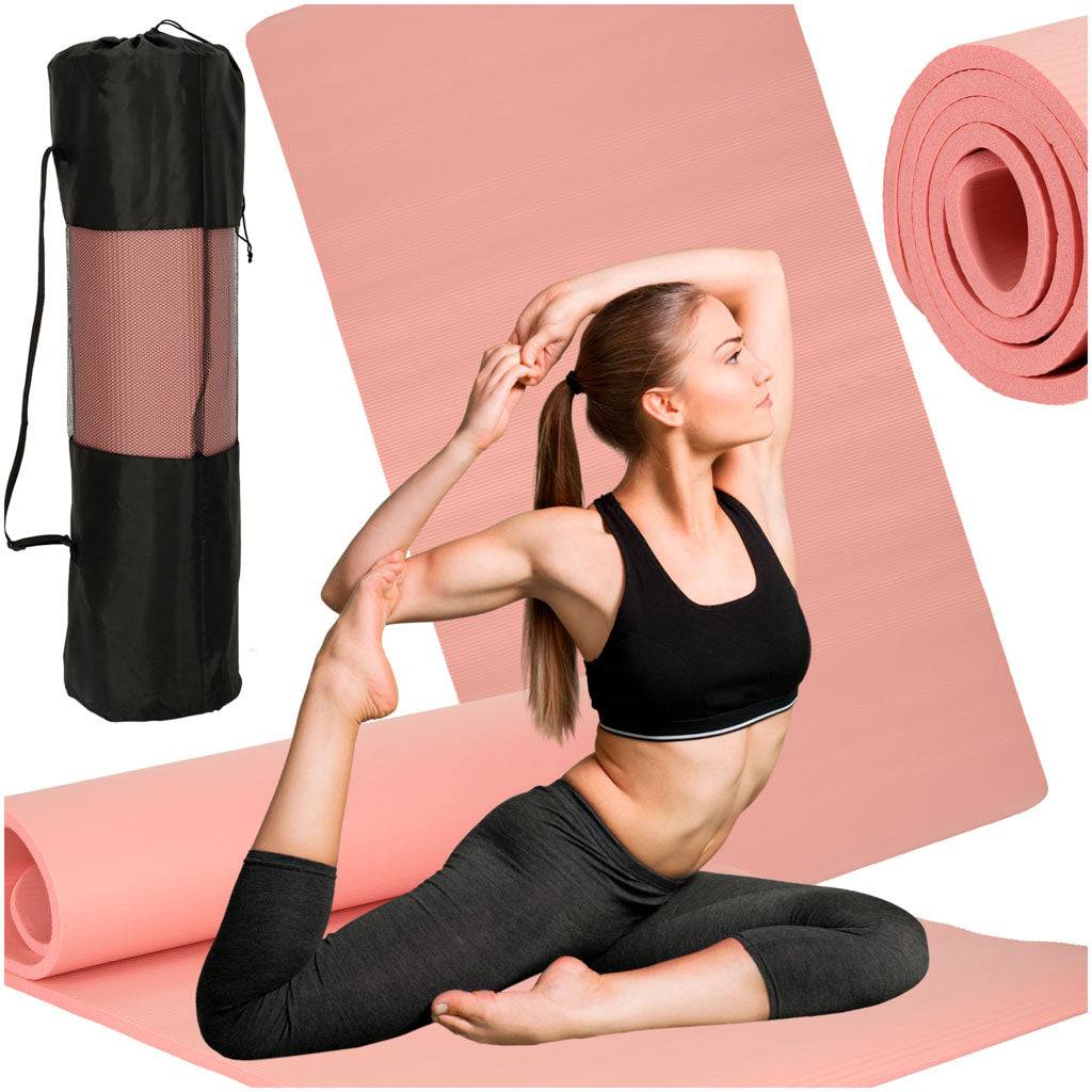 Yoga træningsmåtte gymnastik fitness træning carimata tyk 1,5 cm pink + betræk