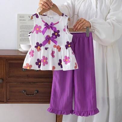 2 st/set flickors blommiga ärmlösa outfit med rosett, vit blommig ärmlös beskuren topp i kombination med lila vida byxor, satinrosettdekor, energisk o - Blåröd (6Y,7Y,4Y,5Y)