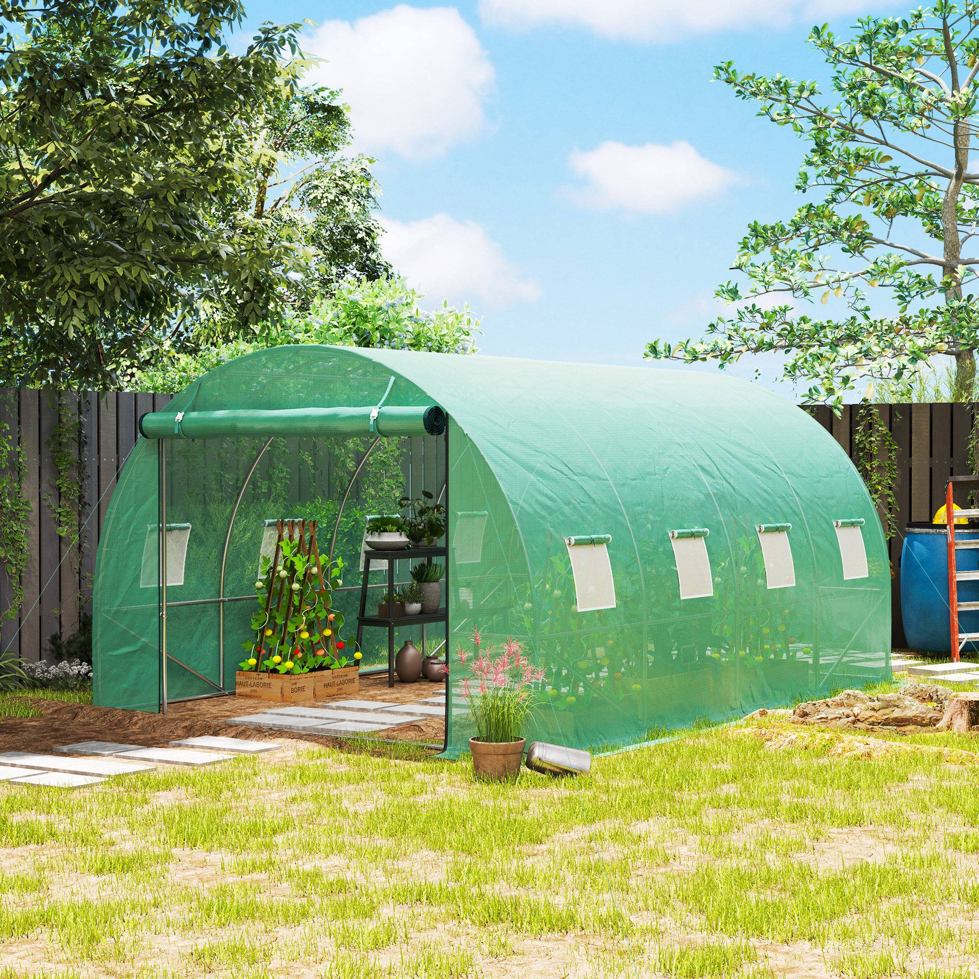 Drivhus ca. 4 x 3 x 2 m polytunnel med 8 vinduer, rulledør, rullesidevægge, UV-bestandig polytunnel, vintersikkert tomathus med jordanker, grøn.