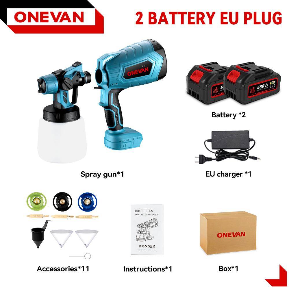 ONEVAN 1000ML Elektrisk Sprutpistol Sladdlös Färgspruta Auto Möbler Stålbeläggning Airbrush Kompatibel För Makita 18V Batteri 2 Battery EU Plug