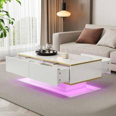 Modernt LED-soffbord med högblank yta, guldfärgad kant, tre lådor och ett öppet fack med färgskiftande LED-ljusremsa - Vitt + Guld + Spånskiva
