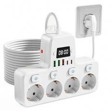 1 st. multiuttag för klockförgrening med USB-port (med strömbrytare), överspänningsskydd, 4 AC-uttag med strömbrytare, 3 USB-A, 2 USB-C-portar, 1 kloc - Vitt (10 fot,5 fot)