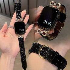 1 st kompatibelt med Apple Watch-armband Apple Watch-armband för dam, guldfärgad diamantprydd metall, glittrande rosettsömmar, svart läderarmband, läm (38mm/40mm/41mm,42mm/44mm/45mm/49mm)
