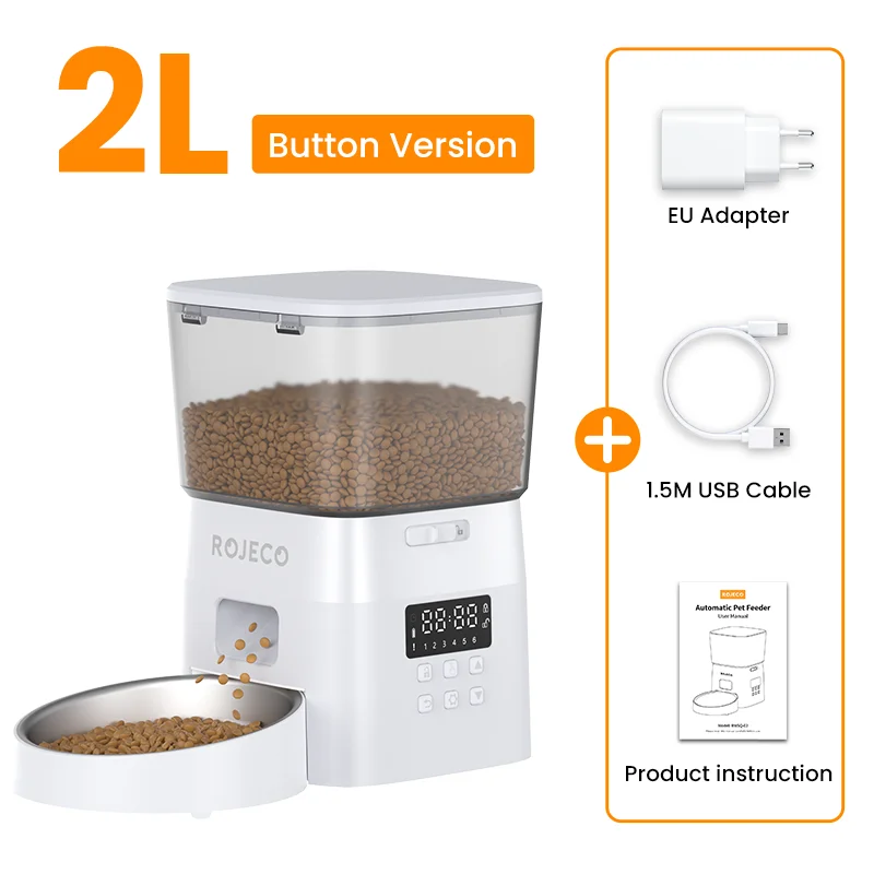 Smart Automatic Pet Feeder & Kibble Dispenser — Button Version - White with EU Plug / 2L (2L)