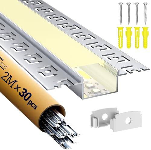 LASLUX 30 x LED Trockenbauprofil 2M Aluminium Profil für Led Strip, LED Schiene Unterputz Kanal und Diffusor Aufputz für Indirekte Beleuchtung Decke