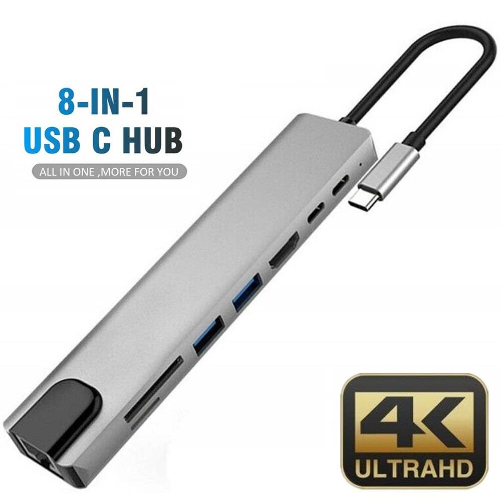Typ c till hdmi-kompatibel hub usb c 4k pd 5a 87w docka rj45 lan splitter ström för macbook pro/air/huawei mate - 8 in 1 nav