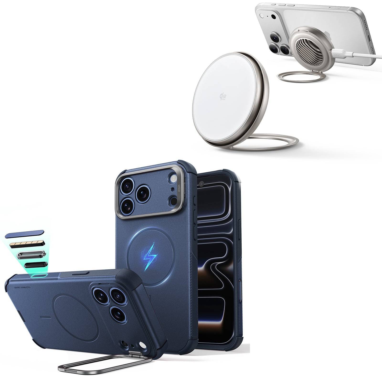 iPhone 18 Pro Cyber Tough Magnetic Case with Camera Control and Flex Stand, Plus Cyclone 25W Magnetic Charging Pad Bundle - Navy Blue - Navy Blue