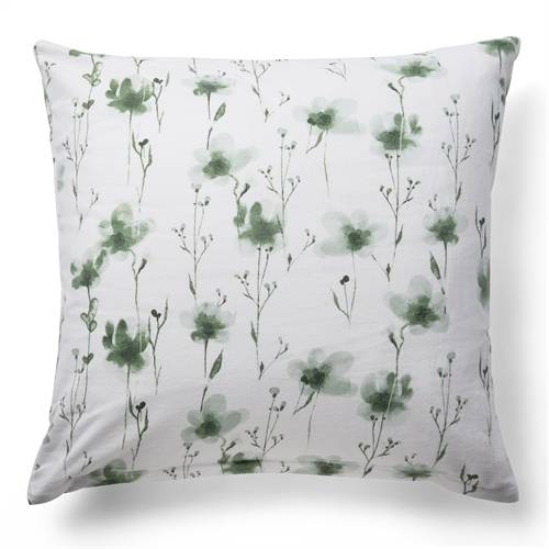Örngott 60x63 cm - Bomullssängkläder i flanell - Vitt med gröna blommor.