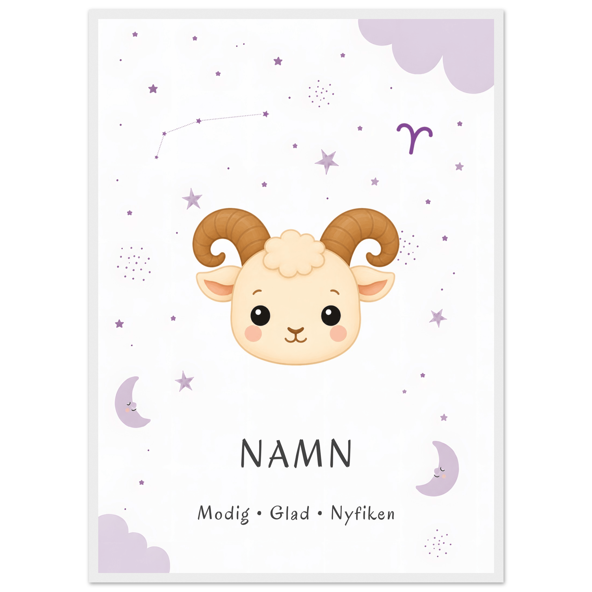 Stjärntecken väduren med namn-50x70 cm / 20x28″ / Med ram / Vit