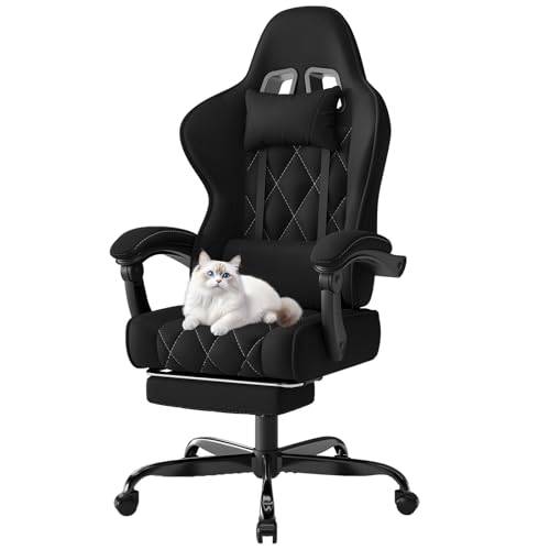 Devoko Gaming Stuhl Stoff ergonomisch mit Massagefunktion und Fußstütze, Taschenfederkernpolster, 135° verstellbar, atmungsaktiv für Home Office oder Gaming Zimmer schwarz