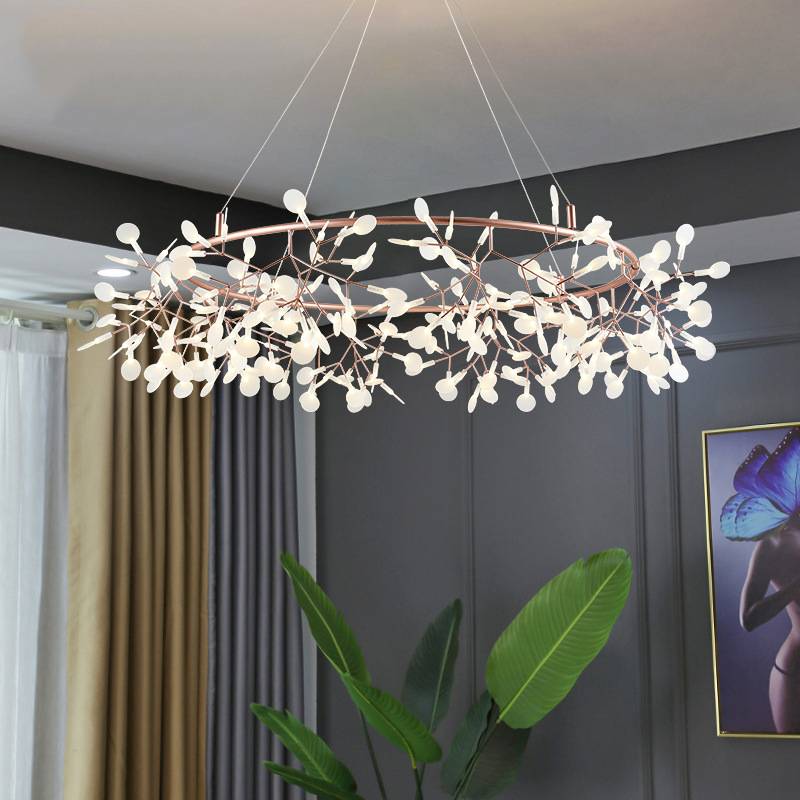 Nordic Chandelier Art Hanging Living Room Chandelier Modern Restaurant Kitchen Firefly Lamp Rose Gold/Black Branch Round Indoor