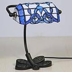 Traditionell stil Piano Skrivbordsbordslampa 10 tum hög med AC-strömuttag Brons Blommig konst Glasskärm Dekor för sovrumshus Sängbord Nattduksbord Hemmakontor,Blå