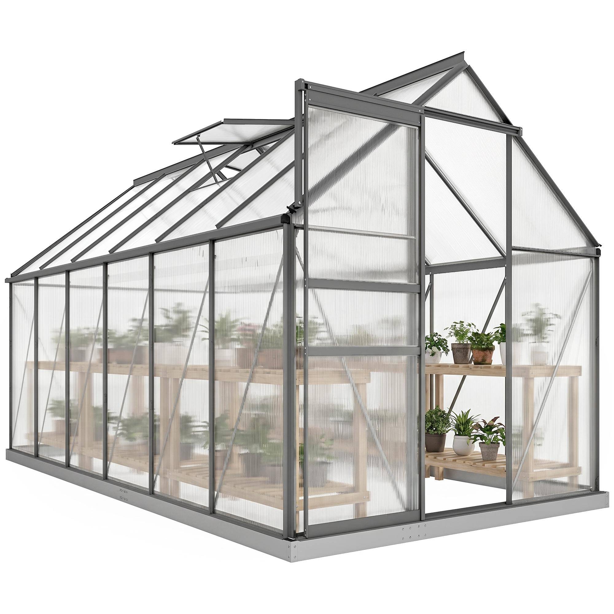 Polycarbonate aluminium garden greenhouse with foundation, greenhouse with adjustable window sliding door 190x375x199cm