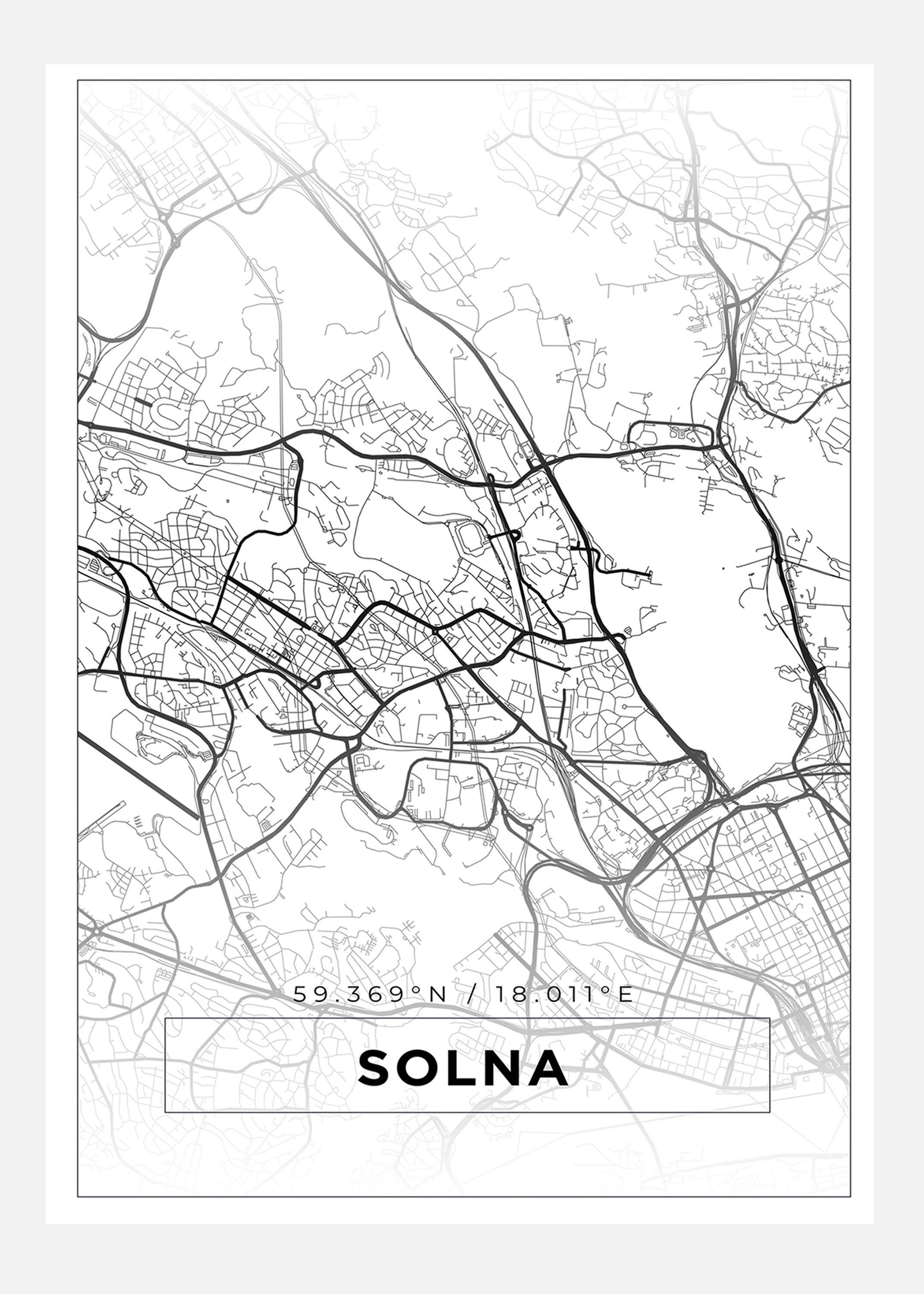 Karta - Solna - Vit Canvastavla (50x70 cm)