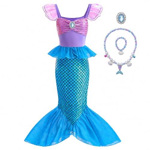 Clundoo Sjöjungfru prinsessklänning för flickor, sjöjungfru prinsessdräkt, prinsessklänning Ariel sjöjungfru för flickor, för halloween, jul, cosplay, födelsedag (130 cm), blå