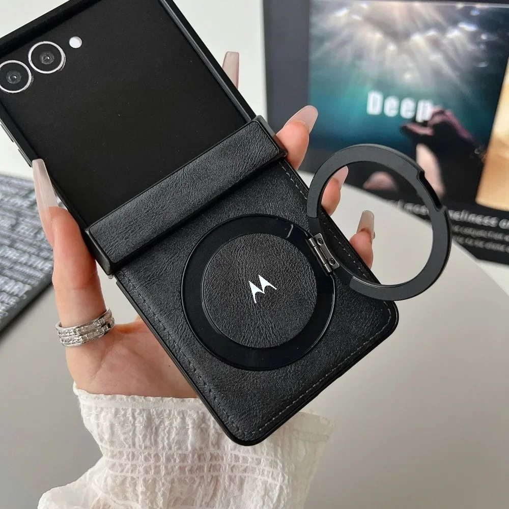 Magnetic Leather Phone Case for MOTO Razr 70 Ultra 60 50 for Magsafe Wireless Charger Ring Holder Hinge Anti Drop Protect Cover