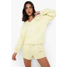 Text Print Collar Sweat & Short Tracksuit - lemon - L