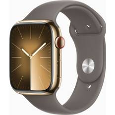 Apple Watch Series 9 Rustfrit stål 45 mm (2023) | GPS + Cellular | guld | Sportsrem lerbrun S/M