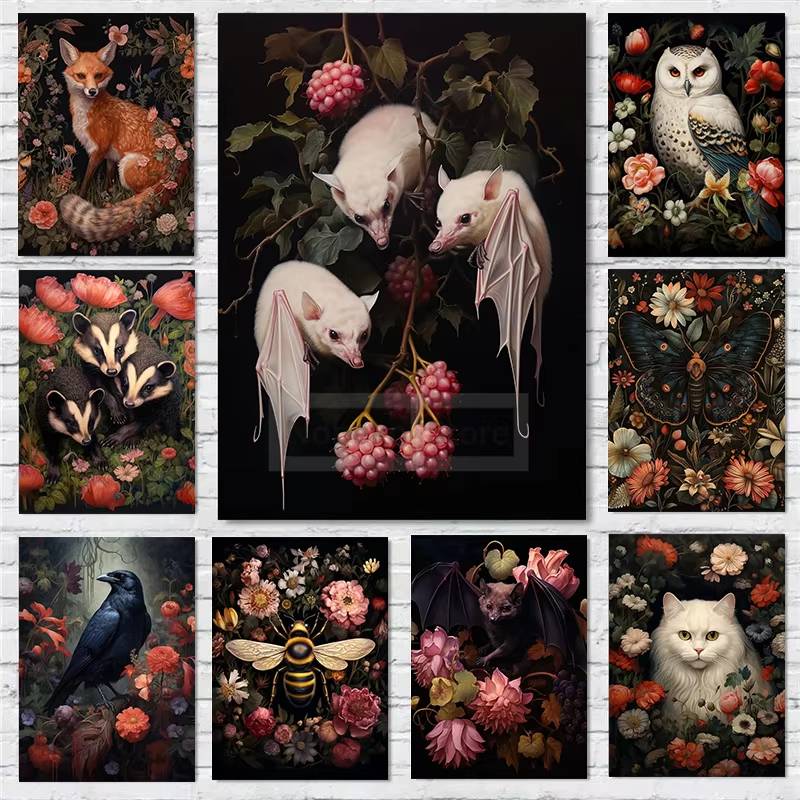 Dark Academia Floral Animals Scene DIY Diamond Painting Kit For Home Room Gothic Cottagecore Decor Gift Mosaic Full Drill Set