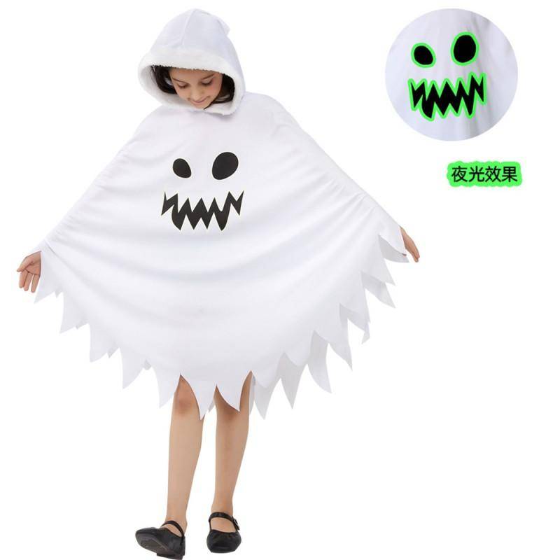 Kids White Ghost Glowing Face Cloak Halloween Cosplay Costume Party Outfit cm black