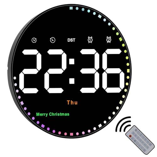 ALEENFOON 25,4 cm stor färgglad ljus rund digital väggklocka med fjärrkontroll, digital klocka med 2 larm/temperatur/datum/tid/festival/justerbar ljusstyrka/nedräkning