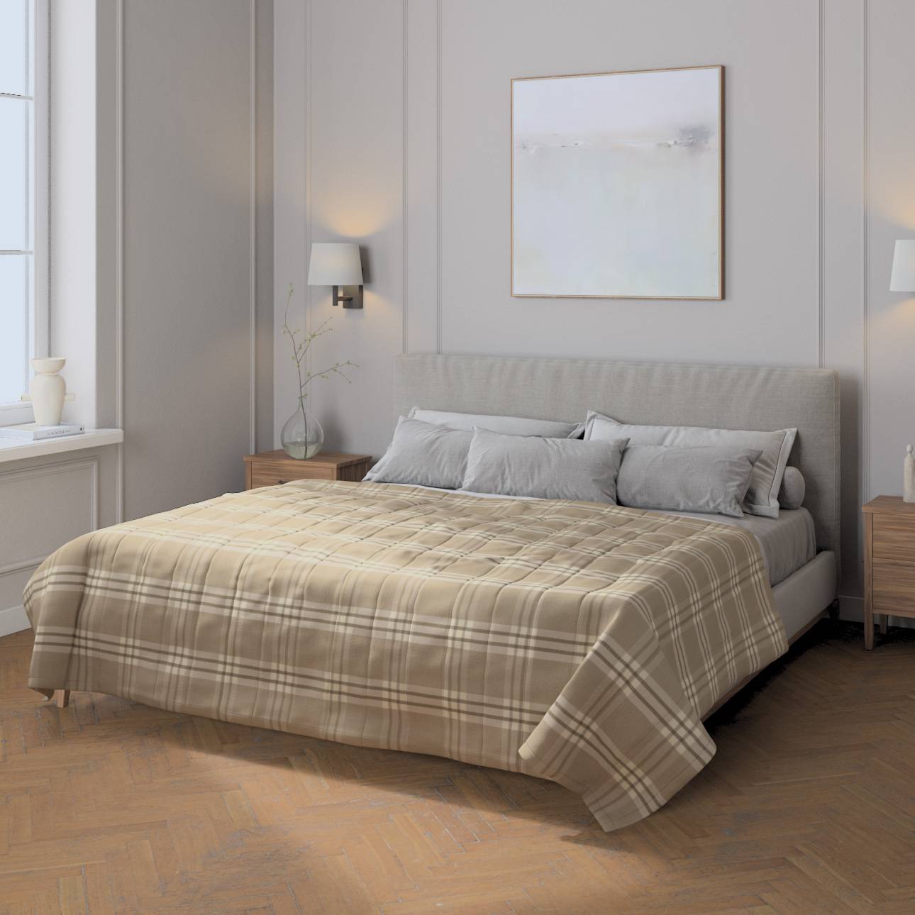 Sengetæppe quiltet<br/>10cm striber, Creme og brun, Edinburgh