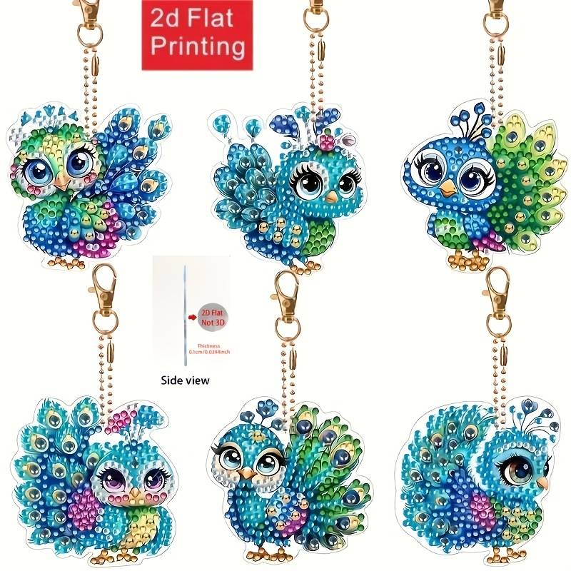 2d/flat 6pcs Peacock Theme Diamond Painting Double-sided Hanging Ornament Keychain, Mosaic Craft Kit, Holiday Birthday Gift, Decorative Handicraft