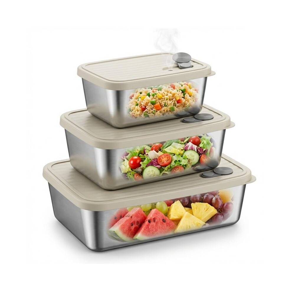 3Pcs Microwave Safe 304 Stainless Steel Food Storage Containers with Lids, Leak-Proof Metal Meal Prep Bento Box Set
