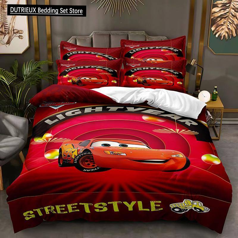 Lightning McQueen Tryckt Lakan Set Bil Film Mönster Bekvämt Sängkläder Set Pojkar och Vuxna 3-delat Set Full Storlek