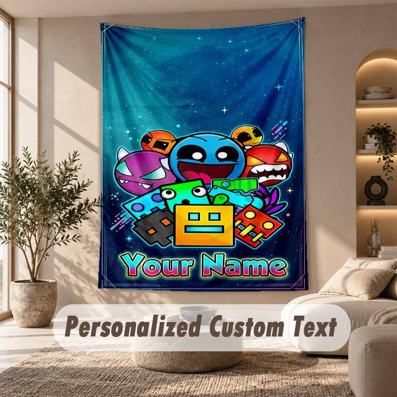 Geometry Dash Tapestry, Personalized Custom Text, Wall Hanging Tapestry For Living Room Home Wall Decor